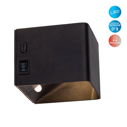 Cordy-wall licht "kubus" magnetisch, ca. 10 x 10 cm, gemaakt van black metal, met bewegingssensor