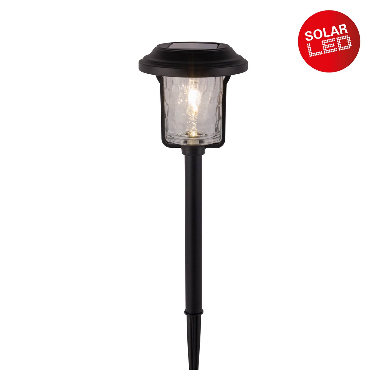 Solar-deco-earth spit "Simon" 54,7 cm hoog, gemaakt van zwart metaal en gestructureerd glas, geïntegreerde LED, warm wit.