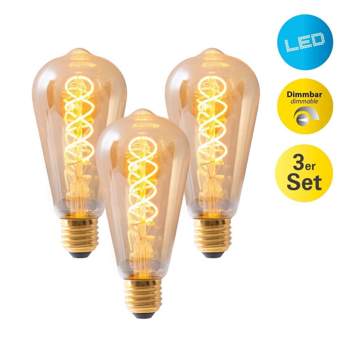 LED-lamp "Dilly" 3-set E27-versie, 4 watt, Ø 6,4 cm, gemaakt van metaal en glas, barnsteen