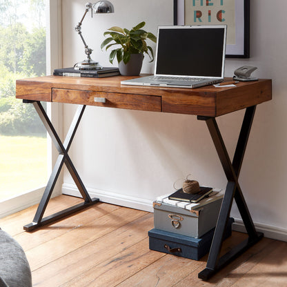 bureau 120x55x78 cm massief sheeshamhout / metaal zwart | Design bureautafel met lades | Thuiskantoor laptop tafel computertafel met opbergruimte