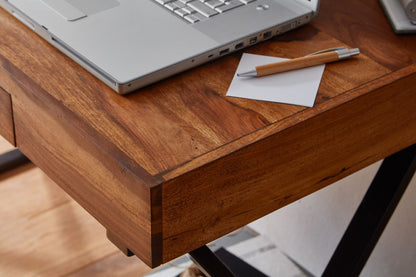 bureau 120x55x78 cm massief sheeshamhout / metaal zwart | Design bureautafel met lades | Thuiskantoor laptop tafel computertafel met opbergruimte