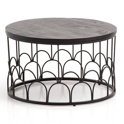 Coffee table 60x60x36 cm Mango Solid Wood / Metal Black Coffee table Round | Design living room table Industrial | Sturdy coffee table for the living room with metal frame