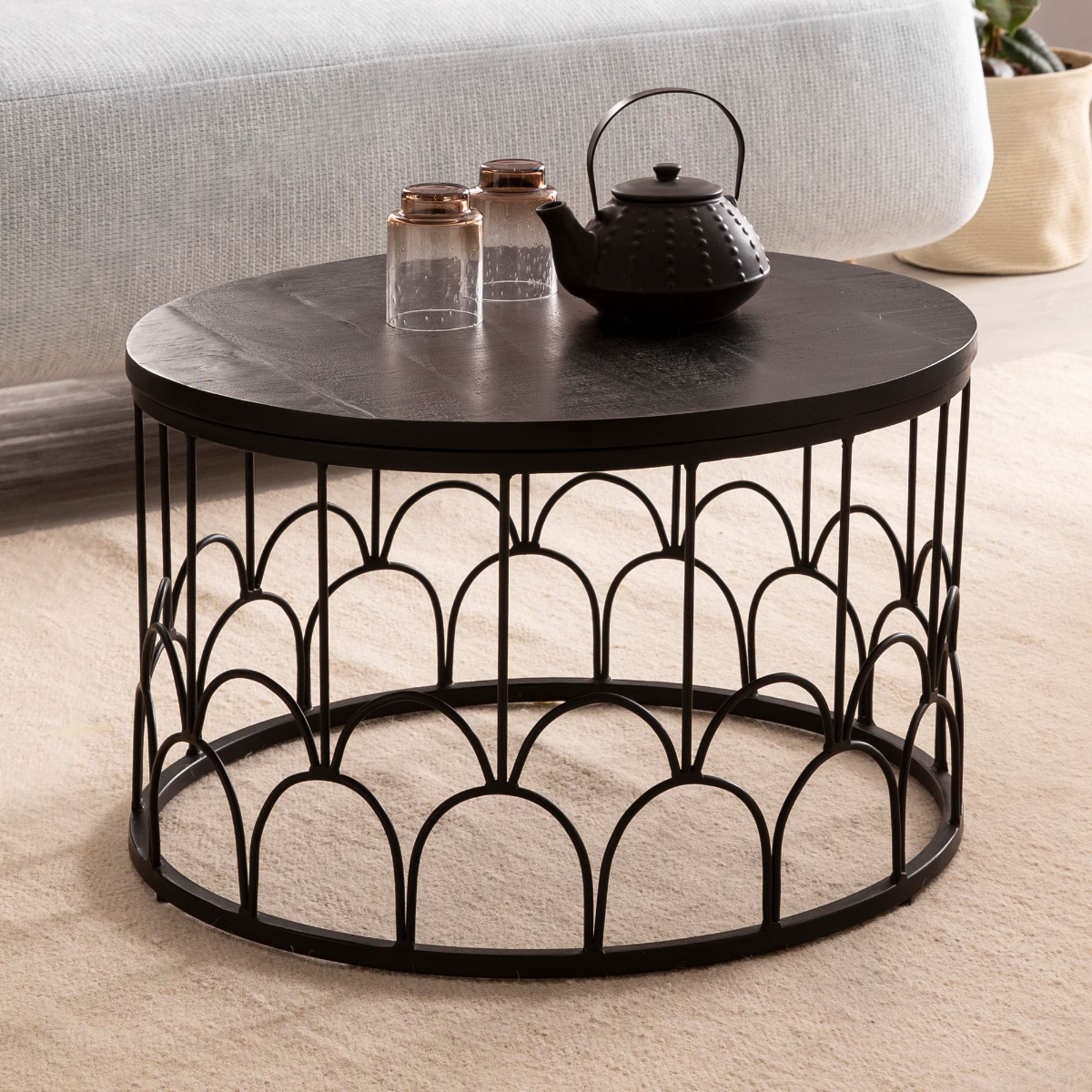Coffee table 60x60x36 cm Mango Solid Wood / Metal Black Coffee table Round | Design living room table Industrial | Sturdy coffee table for the living room with metal frame