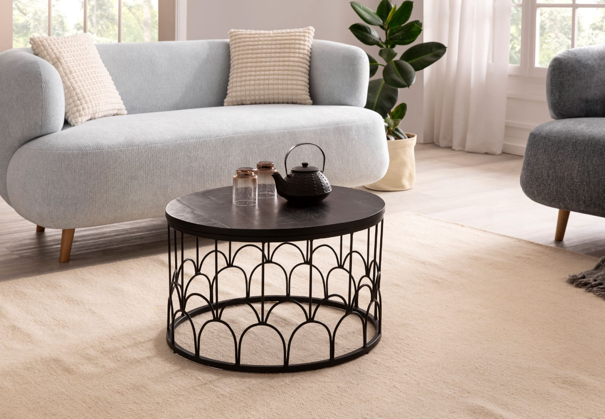 Coffee table 60x60x36 cm Mango Solid Wood / Metal Black Coffee table Round | Design living room table Industrial | Sturdy coffee table for the living room with metal frame
