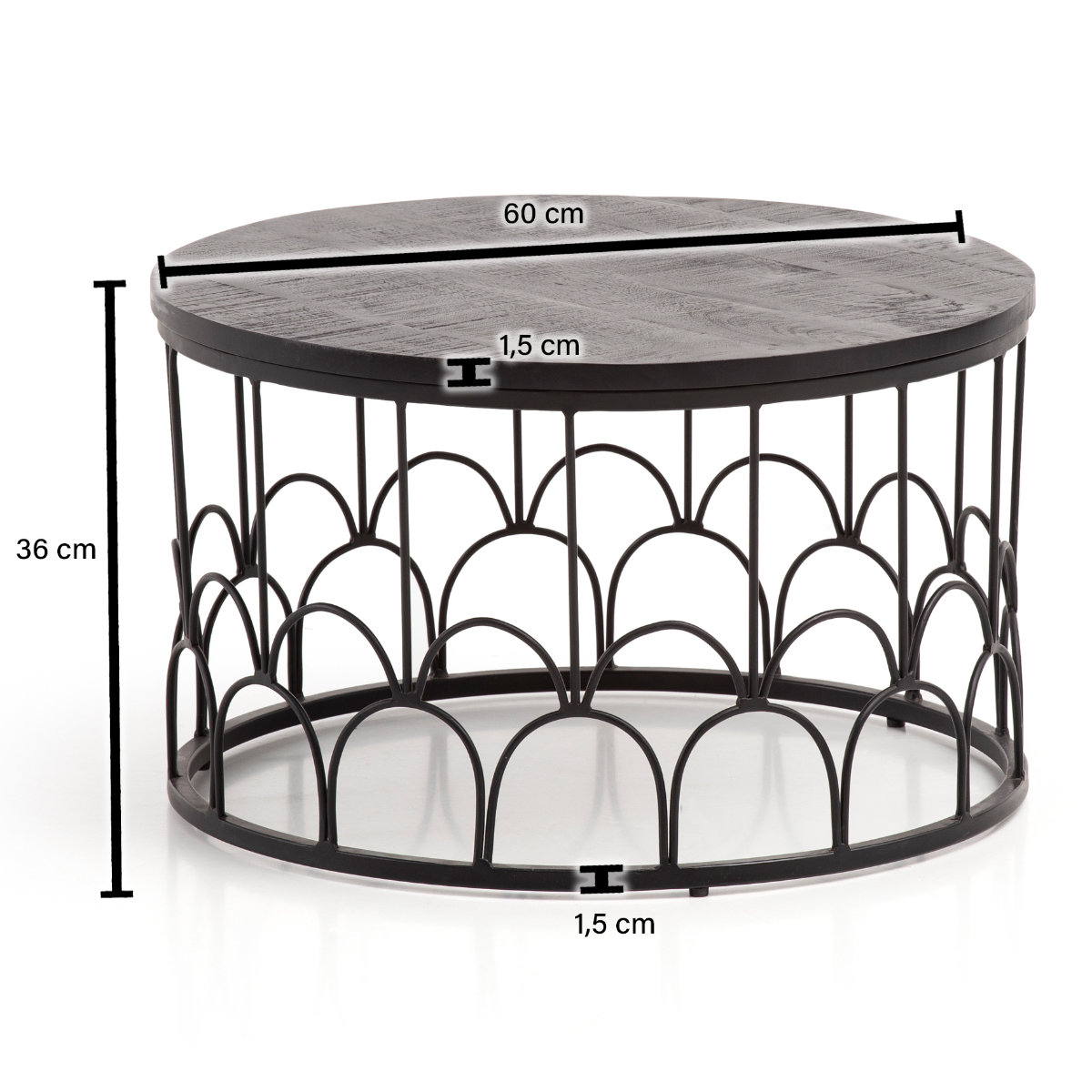 Coffee table 60x60x36 cm Mango Solid Wood / Metal Black Coffee table Round | Design living room table Industrial | Sturdy coffee table for the living room with metal frame