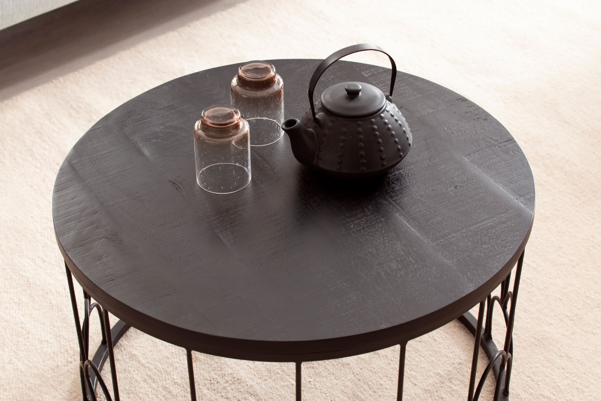 Coffee table 60x60x36 cm Mango Solid Wood / Metal Black Coffee table Round | Design living room table Industrial | Sturdy coffee table for the living room with metal frame