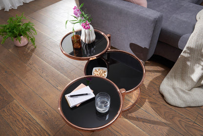 Salontafel SUSI met 3 tafelbladen zwart / koper 58 x 43 x 58 cm | Bijzettafel rond | Ontwerp salontafel glas / metaal | Designtafel met glazen tafel modern | Kleine salontafel