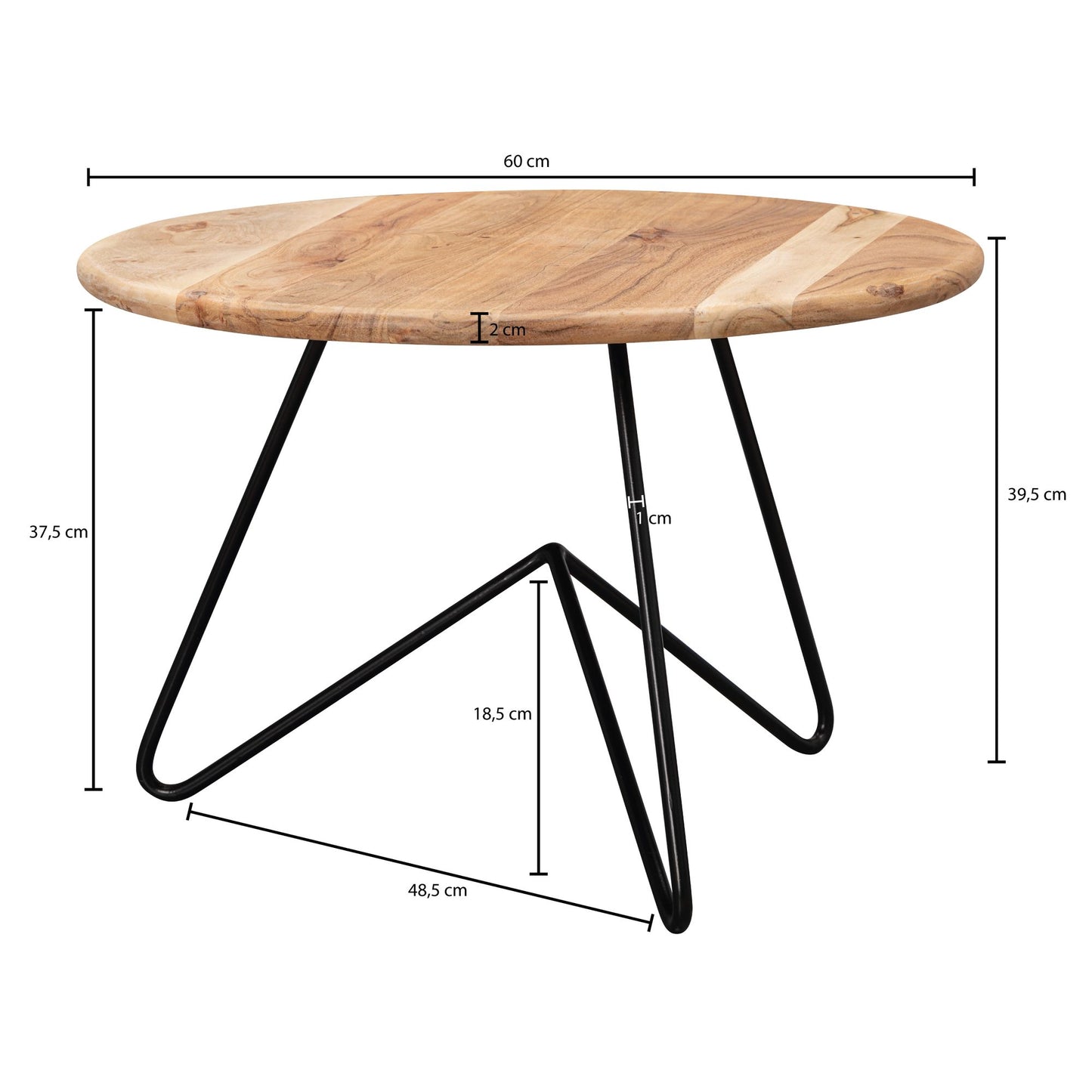 Salontafel 60x39,5x60 cm acacia massief houten / metalen salontafel | Design woonkamer tafel rond | Massieve salontafel | Kleine tafel woonkamer