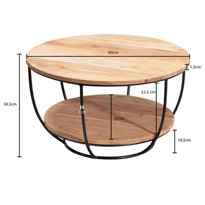 Salontafel 60x34,5x60 cm acacia massief houten / metalen salontafel | Design woonkamer tafel rond | Lounge tafel Industrial Brown | Tafel met plank