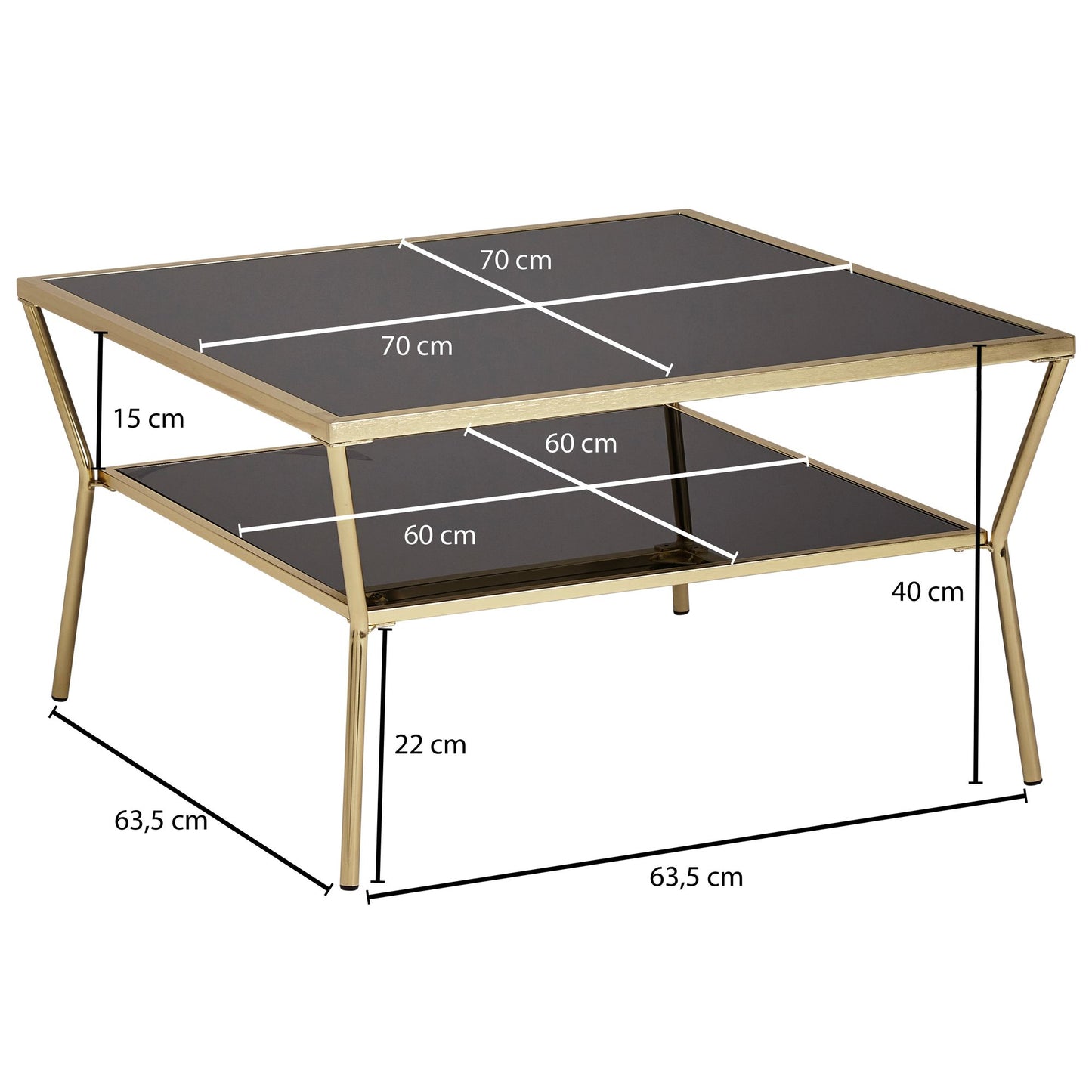 Design salontafel glas zwart 70 x 70 cm 2 niveaus goud metaal