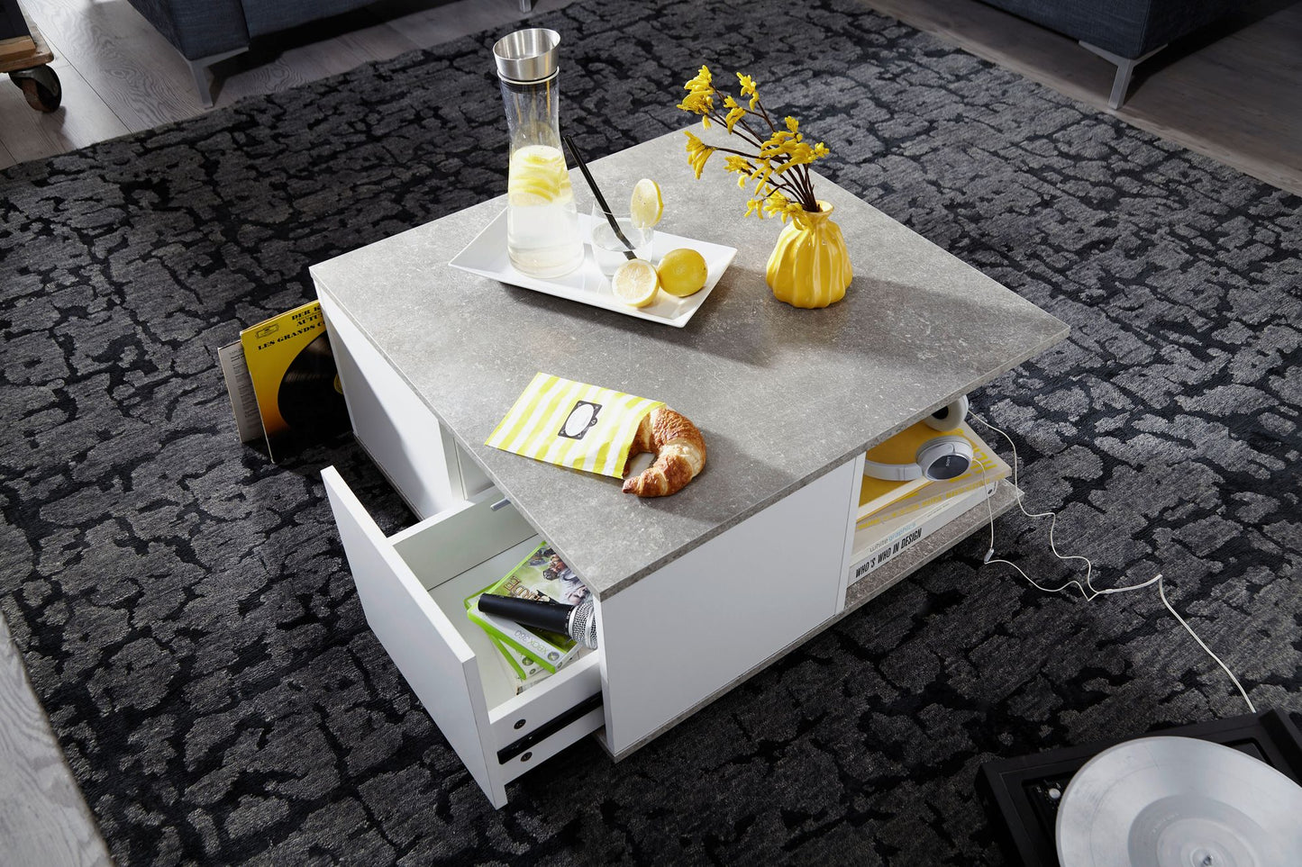 Design salontafel 70x70 cm beton grijs / wit | Salontafel met 2 laden en wielen