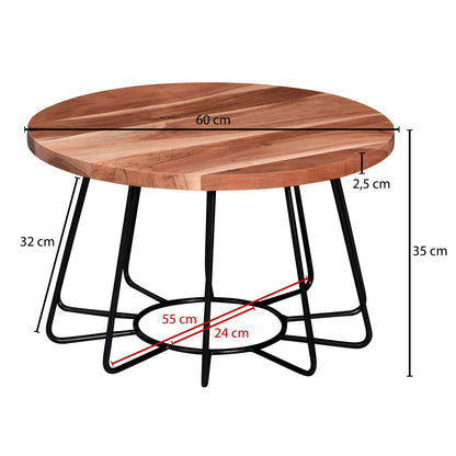 salontafel 60x35x60 cm acacia massief hout / metalen salontafel | Woonkamertafel rond | Salontafel massief | Kleine design tafel woonkamer industrieel