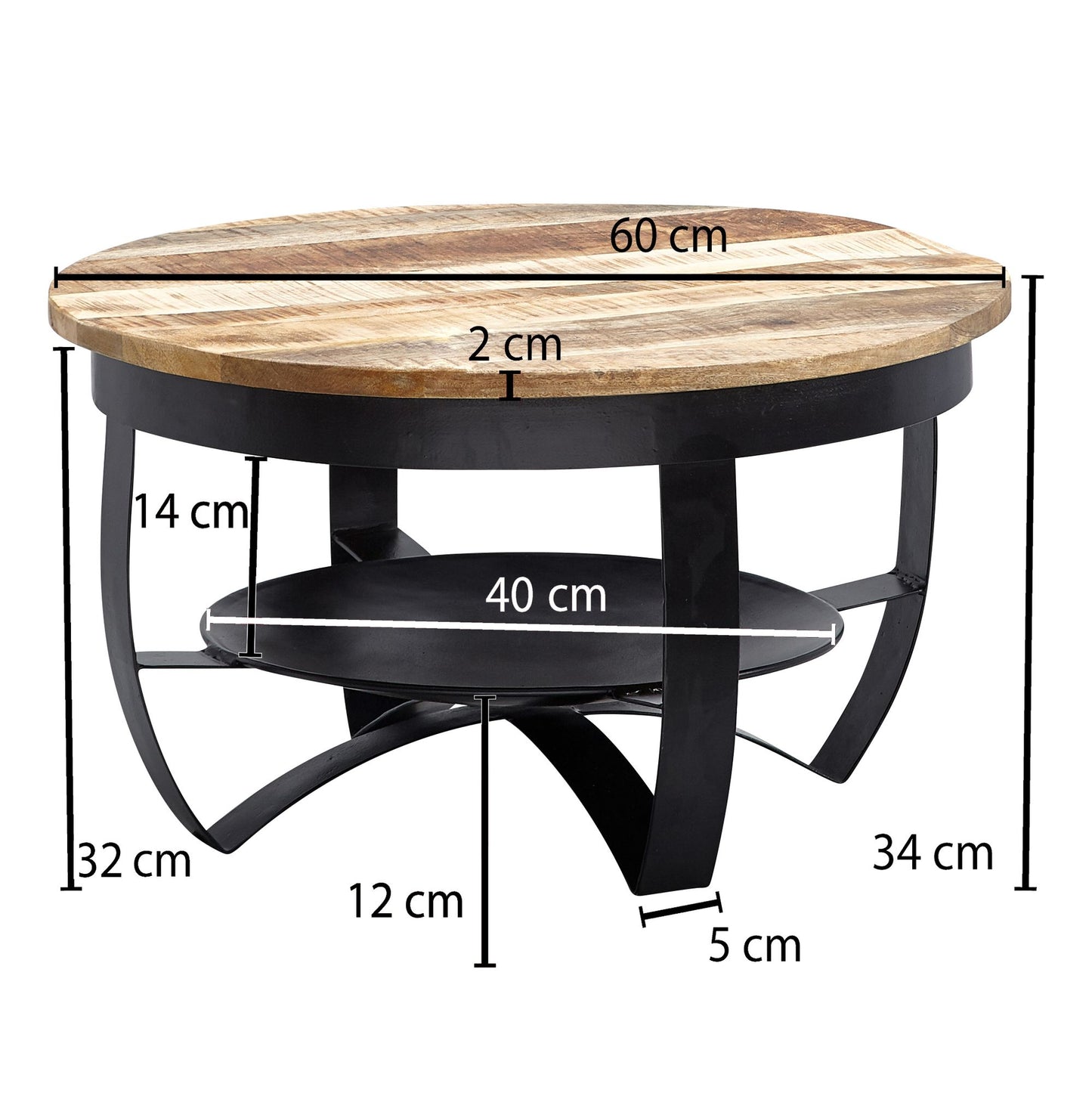 Salontafel 60x34x60 cm Mango massief hout / metaal Industrieel zwart rond | Salontafel Salontafel massief | Kleine tafel salontafel woonkamer