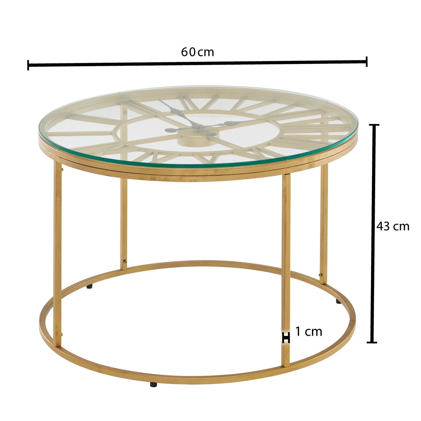 Koffietafel Glas en Metaal 60x60x43 cm Salontafel Goud met Sierklok | Tafel Woonkamer Rond | Woonkamertafel Modern