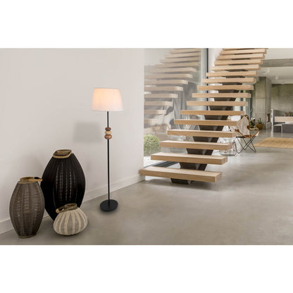 Staande lamp "Elina" 155 cm hoog, Ø 38 cm, metaal in zwart/bruin, tekstblazer in wit, E27