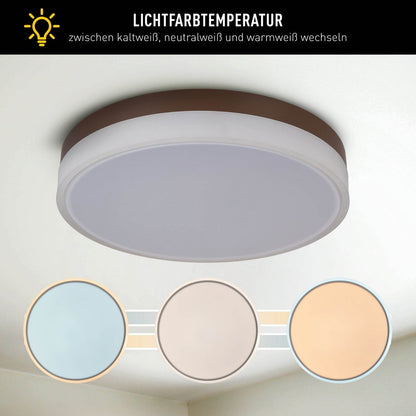 LED-plafondlicht "Lola" Ø van 50 cm, 9 cm hoog, metaal en plastic in bruin en wit, geïntegreerde LED's, 1900 lm, dimmable, CCT-functie 3000-6500 K, nachtlichtfunctie