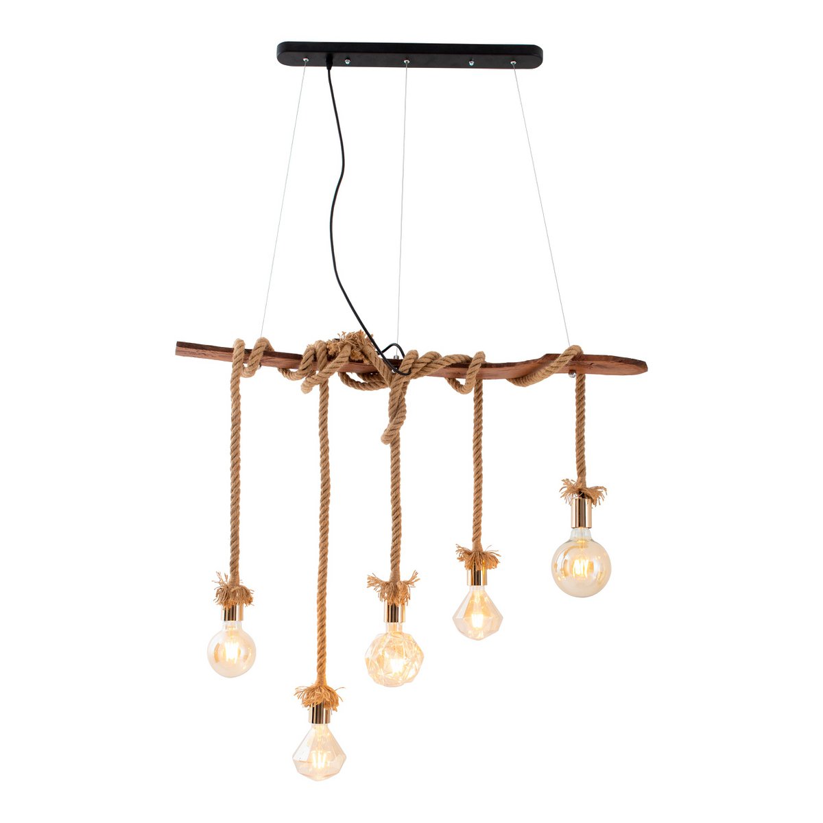 Hanger lamp "touw" 5flg. Hanglamp gemaakt van hout en touw in de natuur, E27 -versie, verlichting voor woonkamer of kantoor