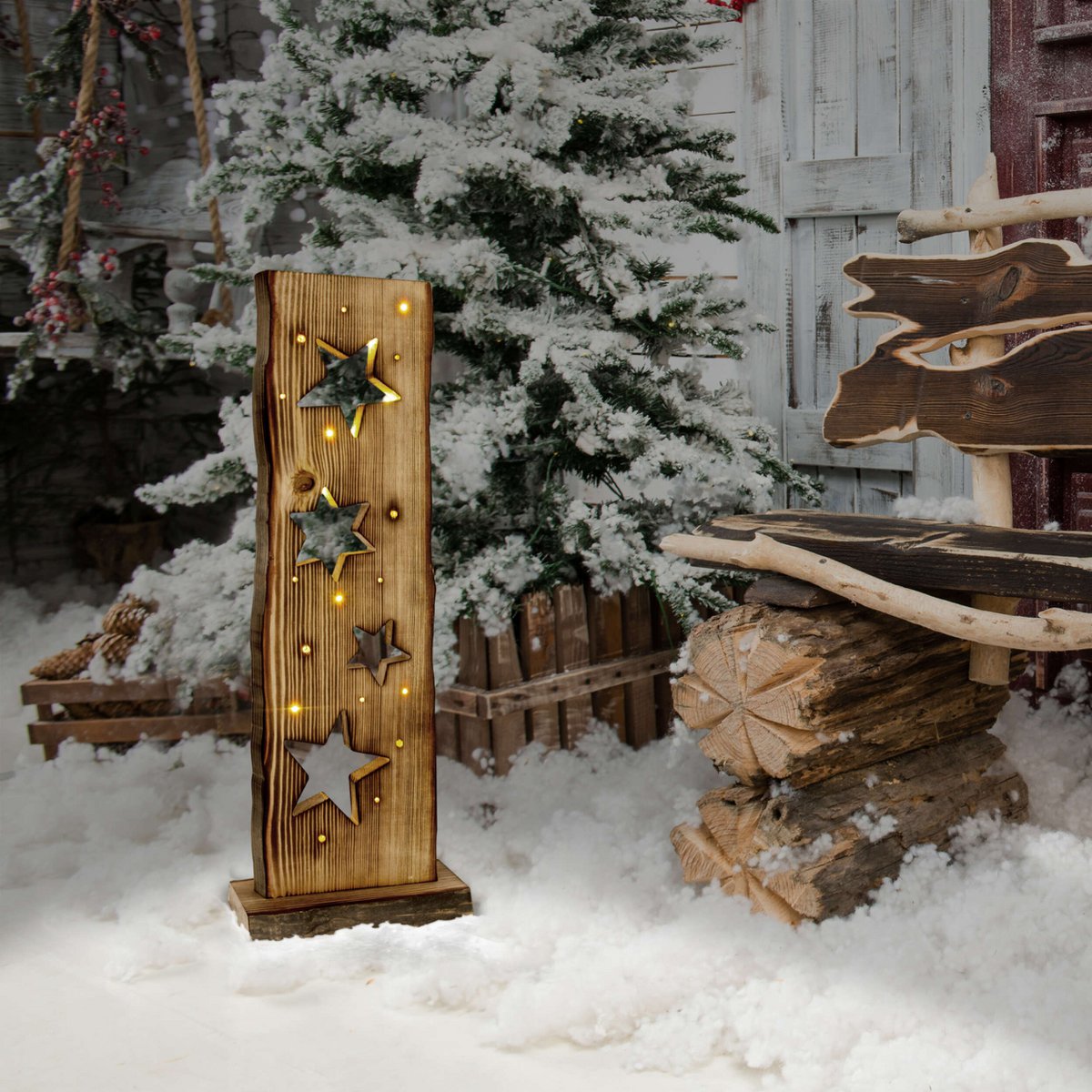 LED Wood-Decolum Moon/Stars 60 cm High Christmas Decorations Made of Wood met stevig ingebouwde LED's