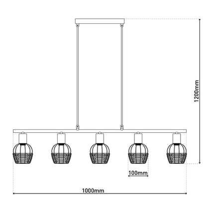 5 hanglamp "Corbis", echtelijke lamp gemaakt van zwart in zwart, met goud en rotan, met E14 -aansluiting, voor eetkamer, woonkamer, gang of kantoor, 100 cm lang
