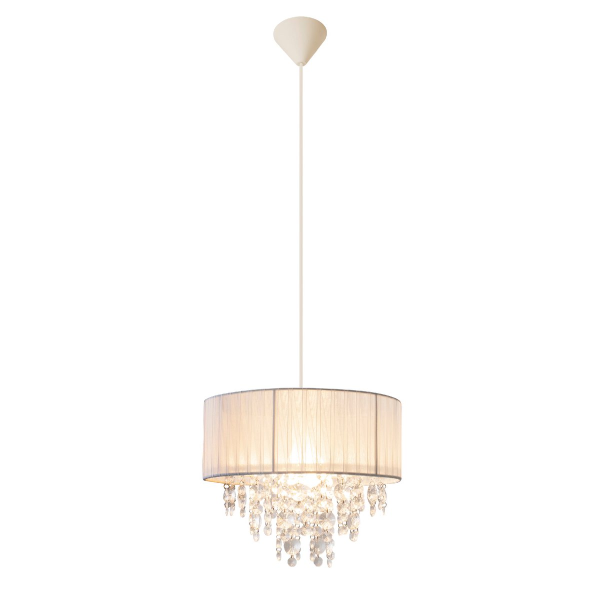 Decoratieve hanglamp "Crystallo", hanglamp gemaakt van metaal, transparant plastic en wit textielmateriaal, E27 -aansluiting, voor eetkamer, woonkamer, gang of kantoor, 30 cm diameter