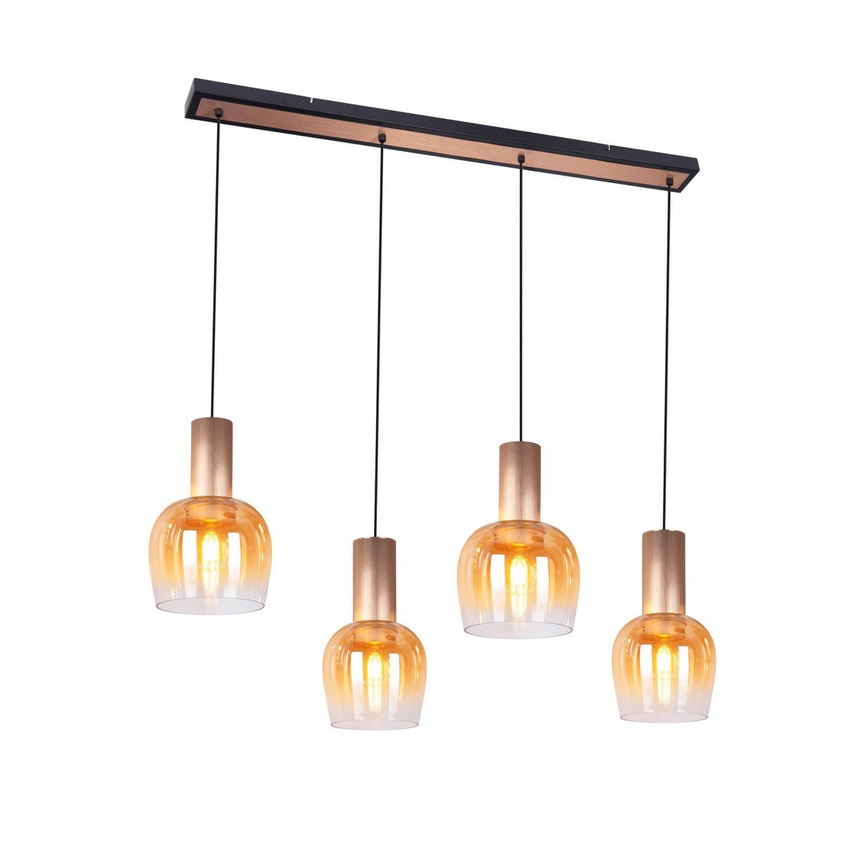 4-be hanger lamp "funda", retro hanger lamp gemaakt van amber-gekleurd glas en mat geborsteld, messing gekleurd metaal, met E27 verticals, 111 cm lang, 150 hoog, ideaal voor eetkamer, woonkamer en keuken.