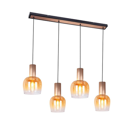 4-be hanger lamp "funda", retro hanger lamp gemaakt van amber-gekleurd glas en mat geborsteld, messing gekleurd metaal, met E27 verticals, 111 cm lang, 150 hoog, ideaal voor eetkamer, woonkamer en keuken.