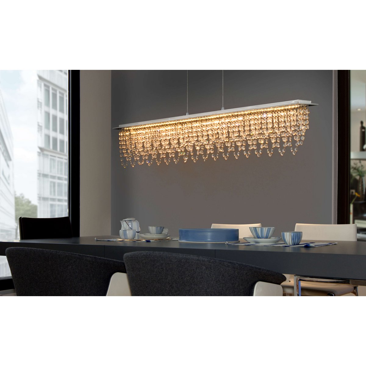 LED hanglamp "diamanten", hanglamp, metaal en kristalglas, chroom, met stevig gebouwd -in LED's, voor eetkamer, woonkamer, gang of kantoor, 120 cm lang