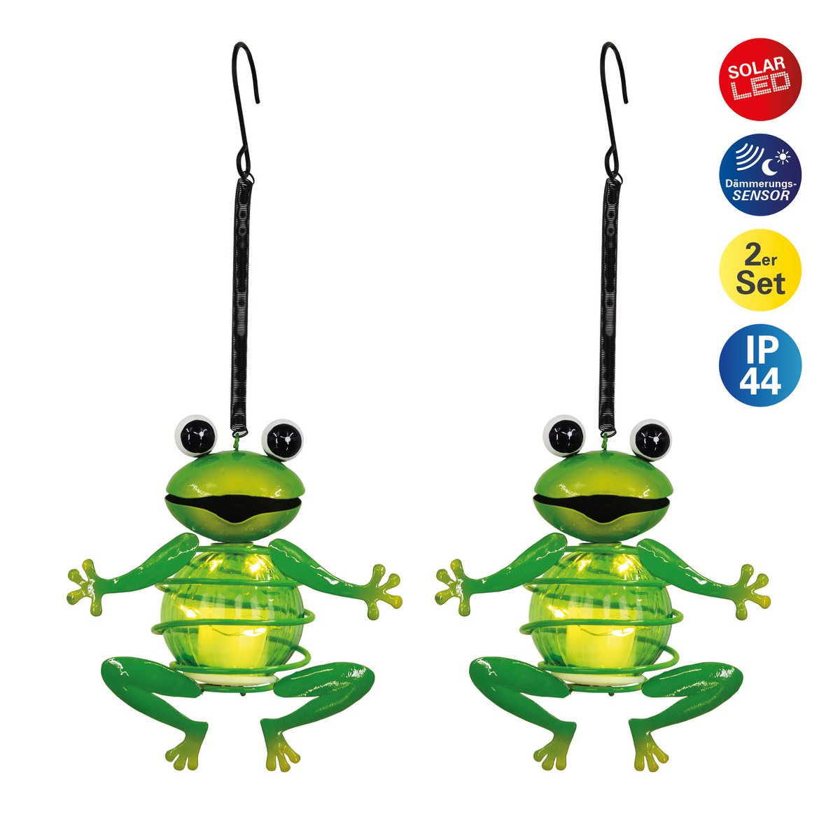 2-piece Solar-Deco Hanging Light "Frog" approx. 20 cm high, made of painted iron, including twilight sensor;