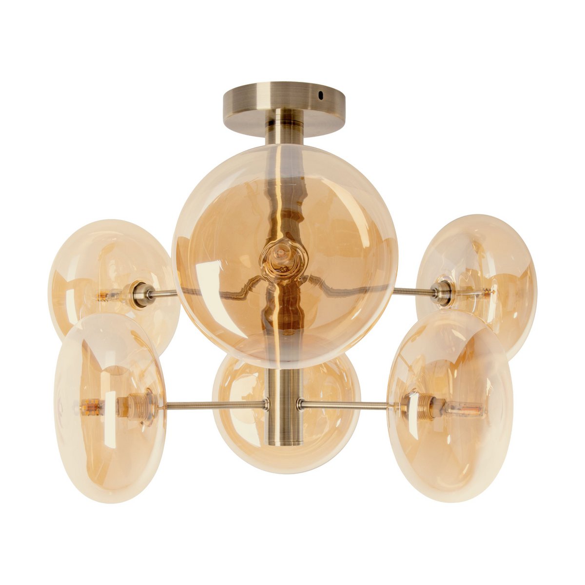 Plafondlamp "Orion" Ø ongeveer 53 cm barnsteen, gemaakt van messing gekleurd metaal en glas in barnsteen, G9-basis, verlichting voor woonkamer, eetkamer of kantoor.