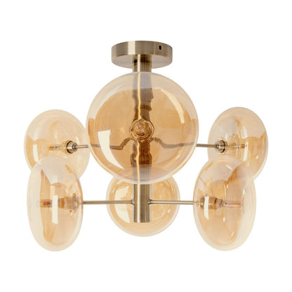 Plafondlamp "Orion" Ø ongeveer 53 cm barnsteen, gemaakt van messing gekleurd metaal en glas in barnsteen, G9-basis, verlichting voor woonkamer, eetkamer of kantoor.