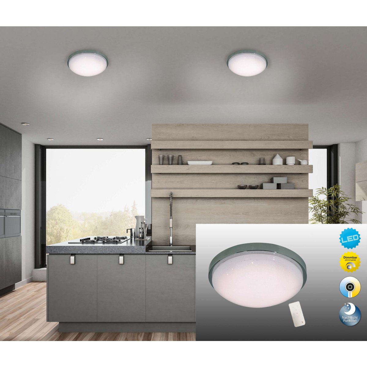 LED -wand- en plafondlamp "Catania" Ø 29 cm, chroom -gekleurd metaal, wit plastic (PMMA), dimbaar, kristaleffect, geheugeneffect, nachtlicht