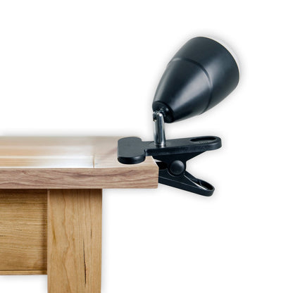 LED -klemlamp gemaakt van metaal en plastic in het zwart, met geïntegreerde LED's