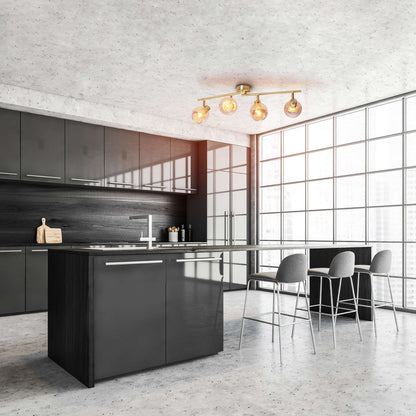 4er spot/plafondlamp "libby", klassieke plafondlamp gemaakt van messing gekleurd metaal en getinte glas in barnsteen, met E14-aansluiting, voor eetkamer, woonkamer, gang of kantoor, 80 cm lang