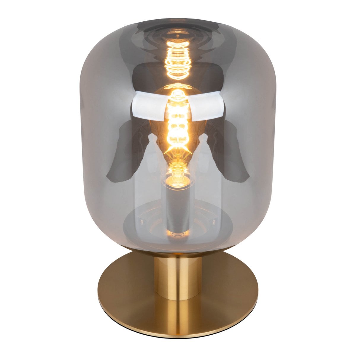 Glazen tafellicht "Alessio", 30 cm hoog, Ø 20 cm, goudkleurig metaal, rookglas, E14