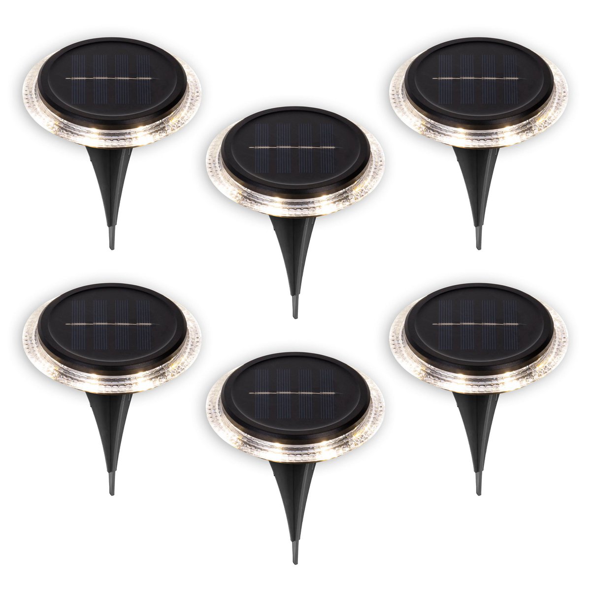 6 Set Solar-Boden-Sprießleucht Ø ca. 11,2 cm, zwart plastic, schemeringsensor, voor toegang, terras en paden