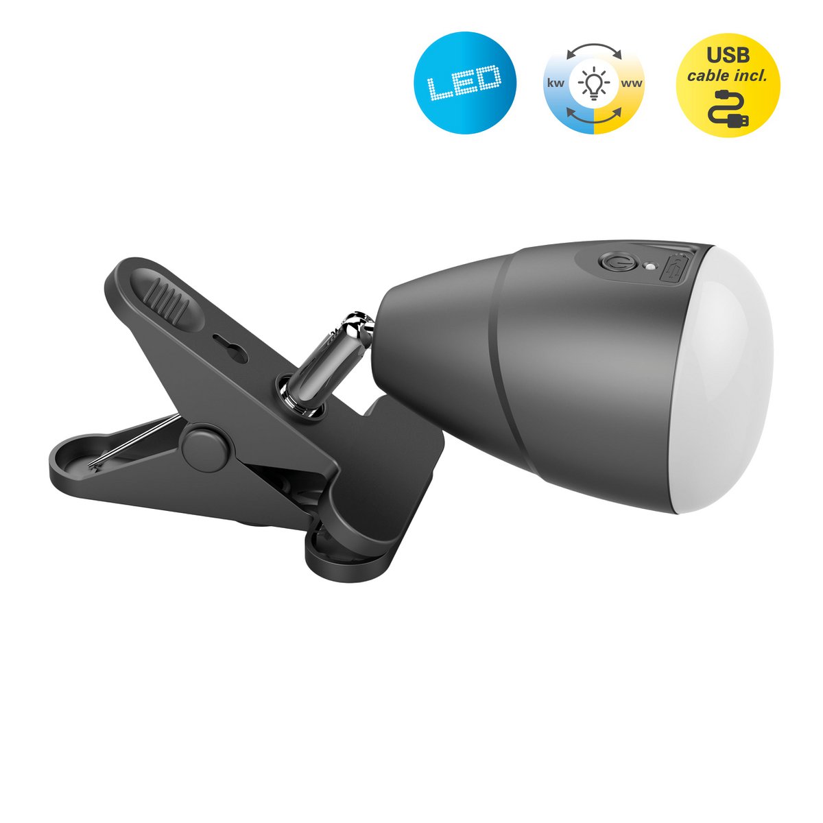 LED -klemlamp gemaakt van metaal en plastic in het zwart, met geïntegreerde LED's