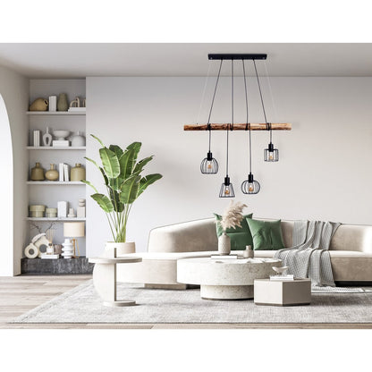 4 hanglamp "Woodland", hanglamp, metaal en hout in zwart en natuurlijke E27 -aansluiting, voor eetkamer, woonkamer, gang of kantoor, 100 cm lang