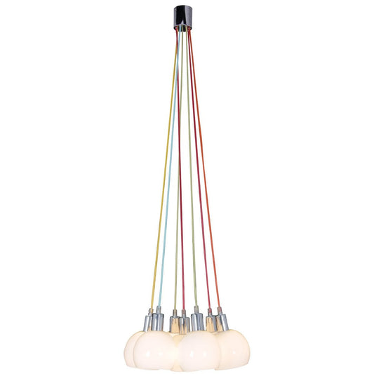 Hanglamp "regenboog-bowl" in totaal 120 cm hoog, 7 glazen schermen Ø 16 cm, gemaakt van chroomkleurig metaal, opaalwit glas en kleurrijke voeding, E14-versies