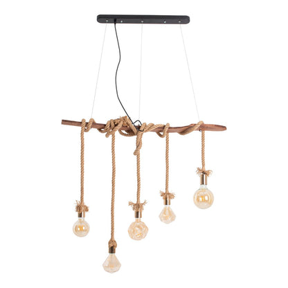 Hanger lamp "touw" 5flg. Hanglamp gemaakt van hout en touw in de natuur, E27 -versie, verlichting voor woonkamer of kantoor