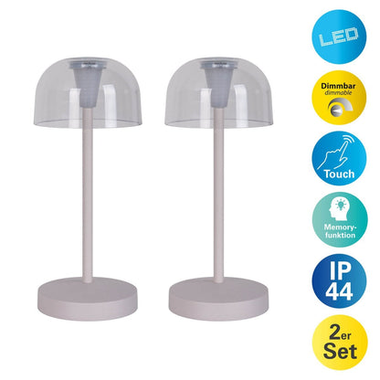2 Set LED Battery Table Light "Gomba" voor buiten en binnen, gemaakt van metaal en plastic in wit, 18,5 cm hoog