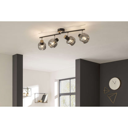 4er spot plafondlamp "fumoso", plafondlamp gemaakt van metaal en rookglas in zwart, met E14 -aansluiting, voor eetkamer, woonkamer, gang of kantoor, 80 x 20 cm