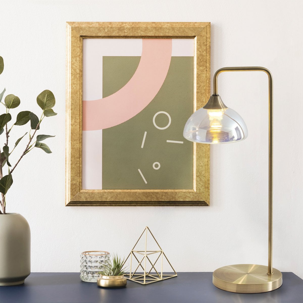 LED -tafellamp "Varna", tafellamp gemaakt van messing -gekleurd metaal en iriserend glas, stevig ingebouwd -in LED's, 45 cm hoog, stijlvolle verlichting voor woonkamer, eetkamer of gang