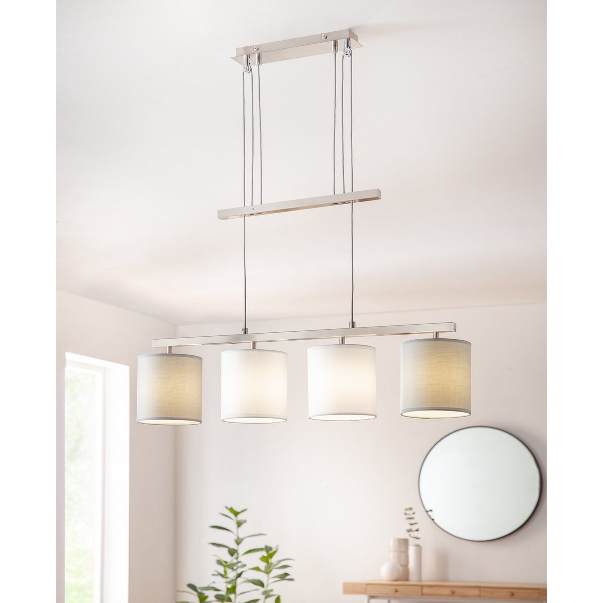 4 hanglamp "tilde", klassieke metalen slinger lamp en textiel in grijs en wit, met E27 -frame, hoogte verstelbaar, 86 cm lang, ideaal als eetlamp