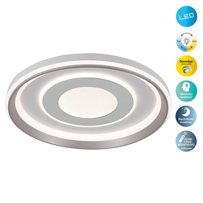 LED-plafondlamp "Doira" Ø 50,5 cm, 7,5 cm hoog, metaal en plastic in zilver en wit, geïntegreerde LED's, 3600 lm licht licht, dimable, CCT-functie 3000-6500 K, nachtlichtfunctie