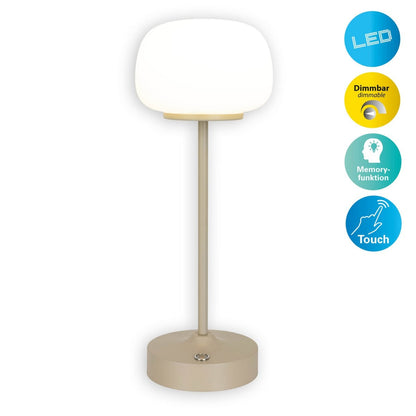 LED -batterij/ tafellamp "Pina" 30 cm hoog, gemaakt van metaal (beige) en glas (wit), geïntegreerde LED's, warm wit
