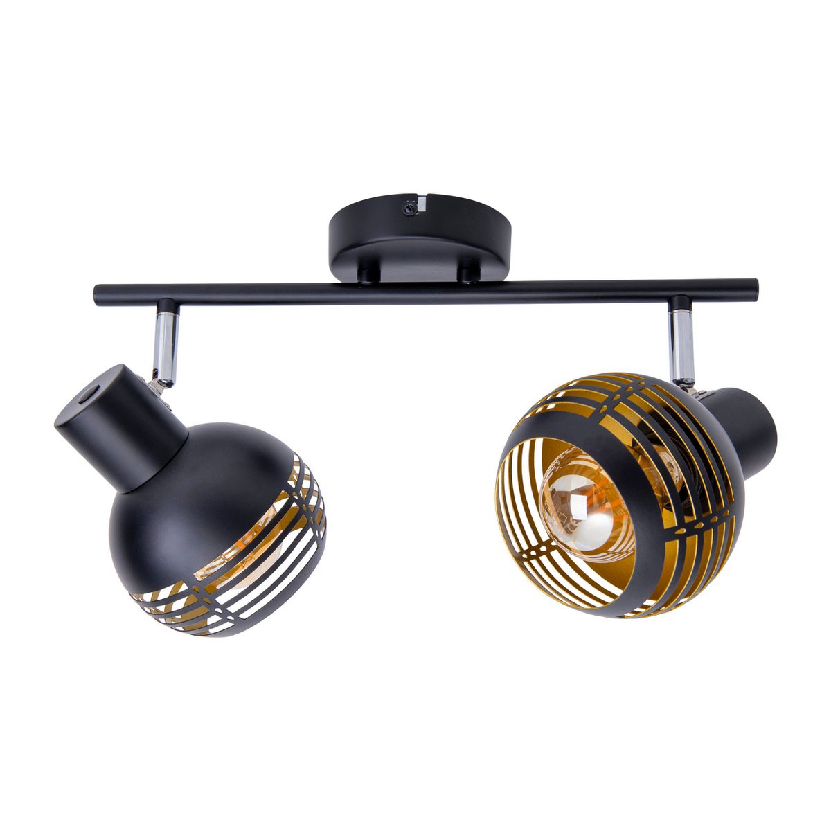 2-zitplaatsen muur en plafondlichtvlek "Casco" gemaakt van metaal in zwart en goud, met E27-aansluiting, 36 x 12 x 15 cm. Stijlvolle verlichting voor woonkamer, eetkamer of keuken.