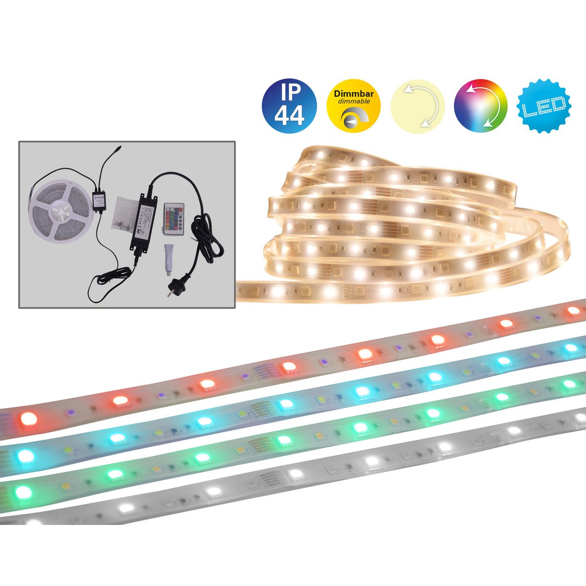 De LED "Stripe" buiten 500 cm, 24 watt, warm wit, met kleurwisselaar, dimbaar, inclusief afstandsbediening en accessoires