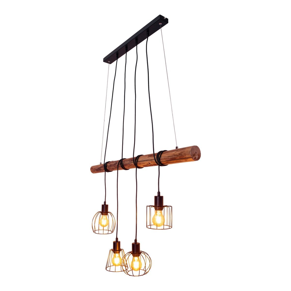 4 hanglamp "Woodland", hanglamp, metaal en hout in zwart en natuurlijke E27 -aansluiting, voor eetkamer, woonkamer, gang of kantoor, 100 cm lang