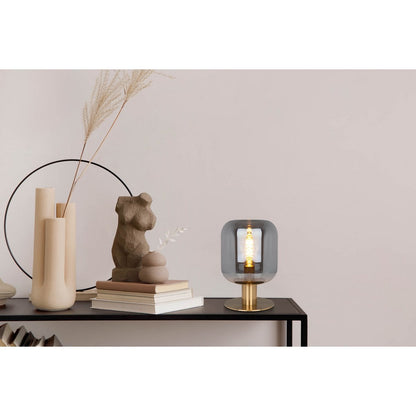 Glazen tafellicht "Alessio", 30 cm hoog, Ø 20 cm, goudkleurig metaal, rookglas, E14