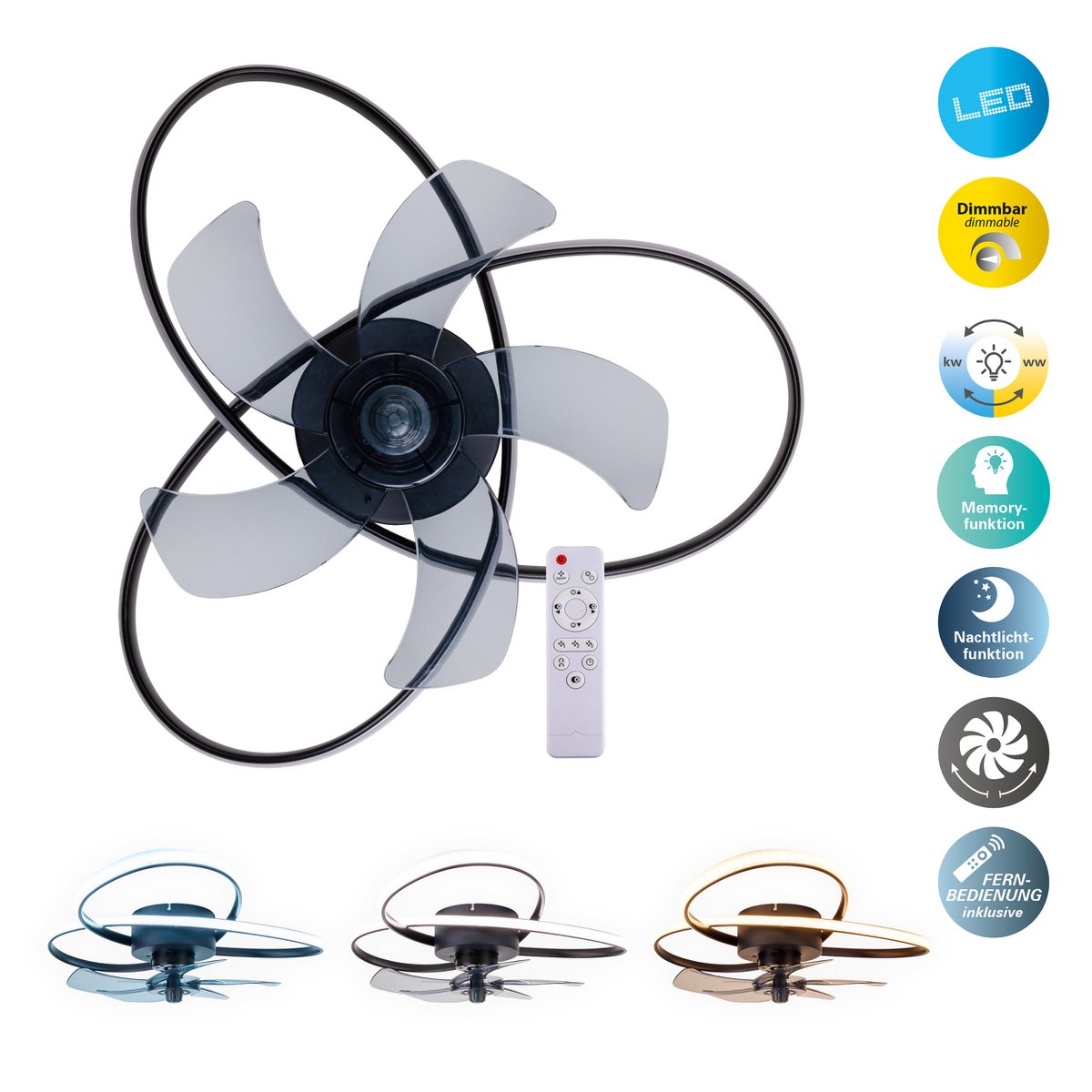 Modern LED -plafondlicht "Riccio" inclusief ventilator, nachtlichtfunctie, dim- en lichttemperatuurinstelling is uitgerust met stevig geïnstalleerde LED's en heeft een geschatte Øvon 58 cm.